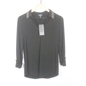 Women’s Jones New York Roll Sleeve Blouse Top, Black, XL with Gold Metal NWT
